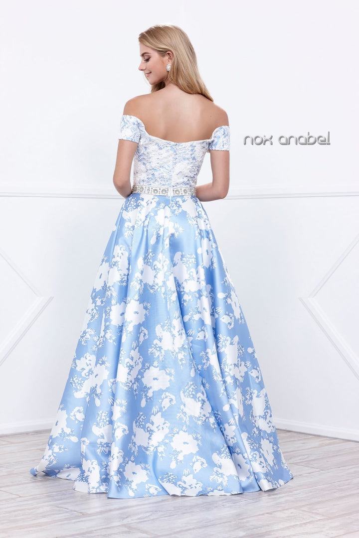 Long Off the Shoulder Floral Print Dress by Nox Anabel 8301-Long Formal Dresses-ABC Fashion