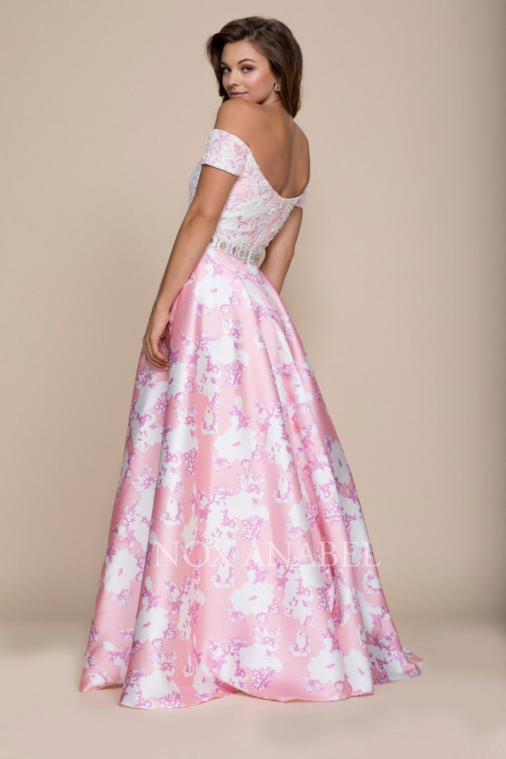 Long Off the Shoulder Floral Print Dress by Nox Anabel 8301-Long Formal Dresses-ABC Fashion