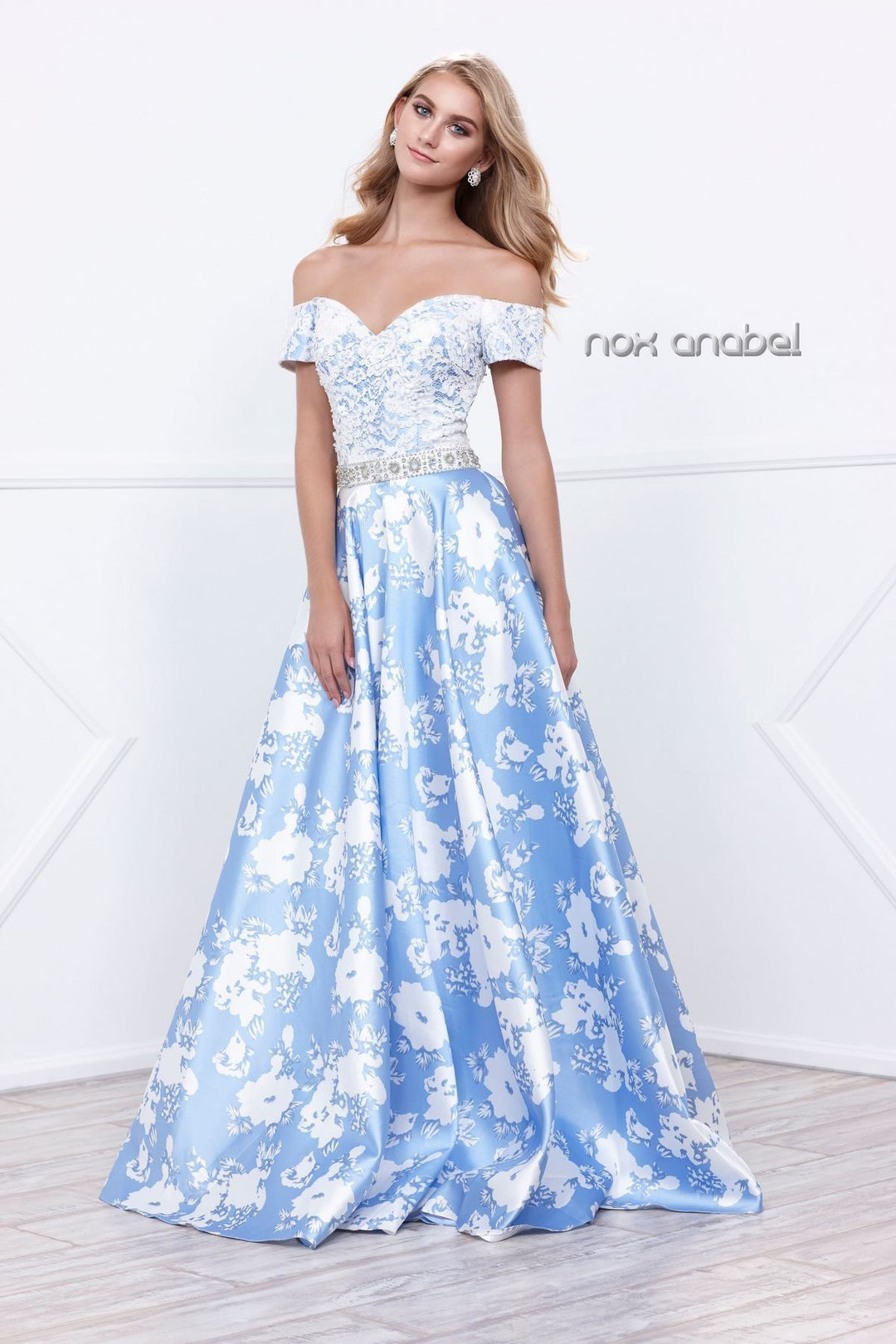Long Off the Shoulder Floral Print Dress by Nox Anabel 8301-Long Formal Dresses-ABC Fashion
