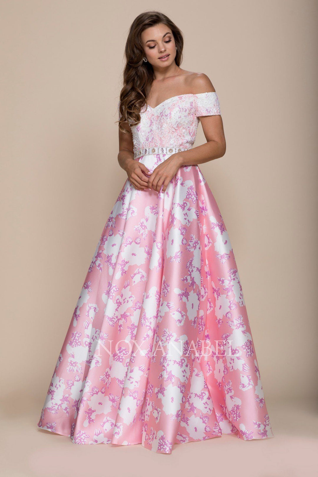 Long Off the Shoulder Floral Print Dress by Nox Anabel 8301-Long Formal Dresses-ABC Fashion