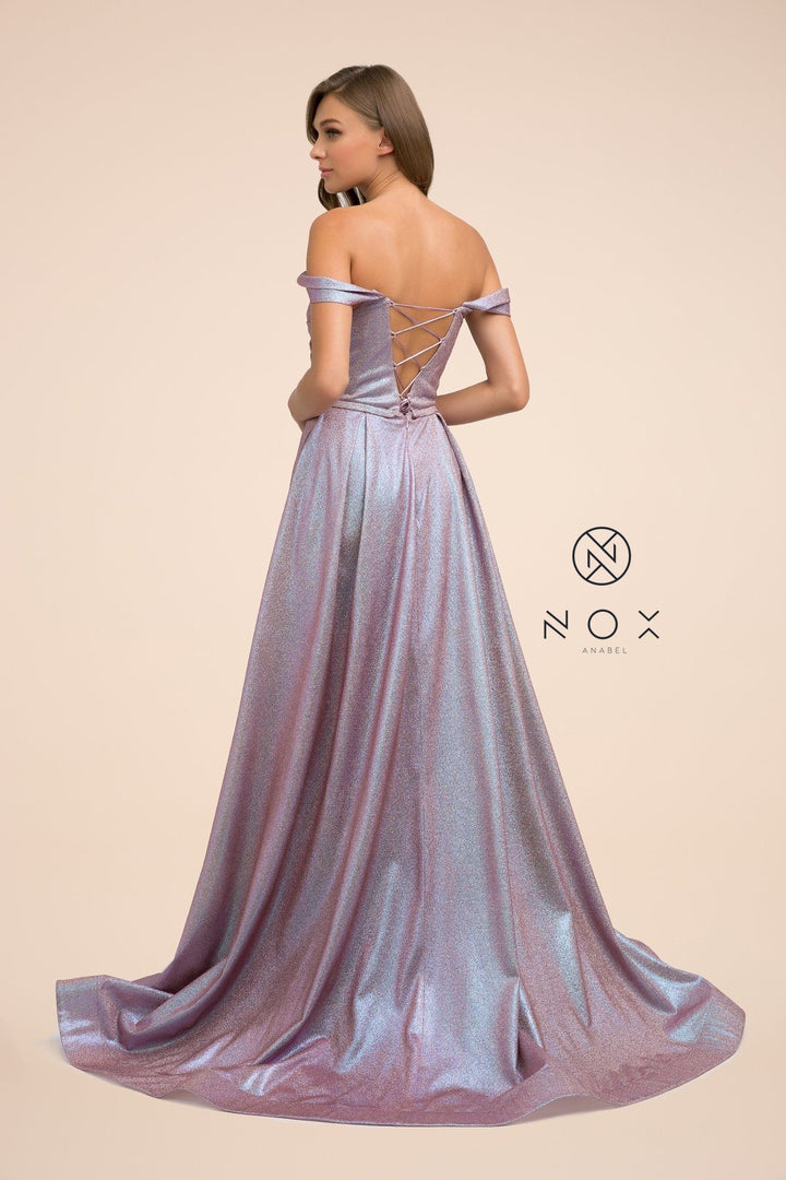 Long Off the Shoulder Metallic Glitter Dress by Nox Anabel E366