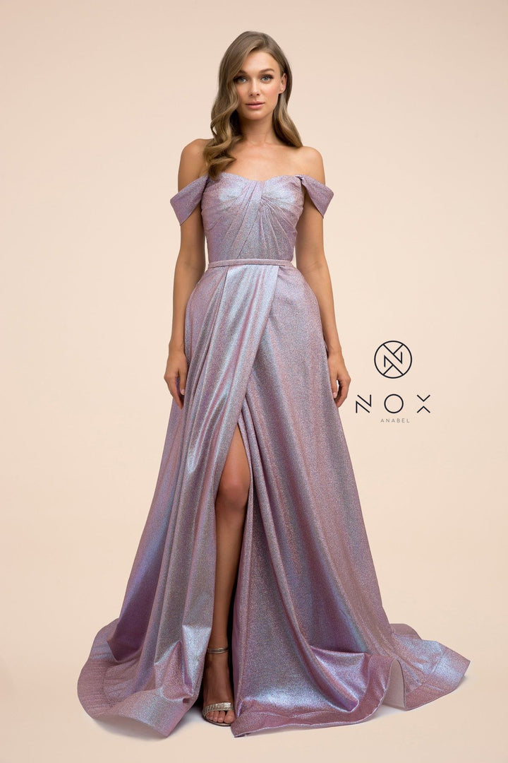 Long Off the Shoulder Metallic Glitter Dress by Nox Anabel E366