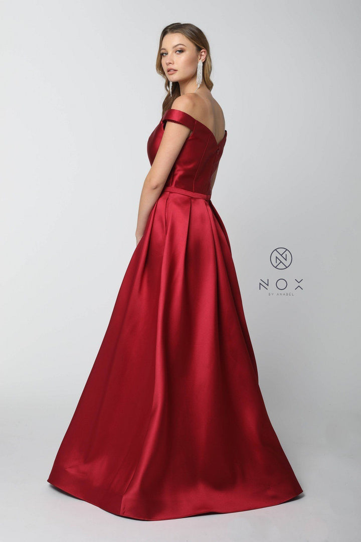 Long Off the Shoulder Satin Dress with Pockets by Nox Anabel C007