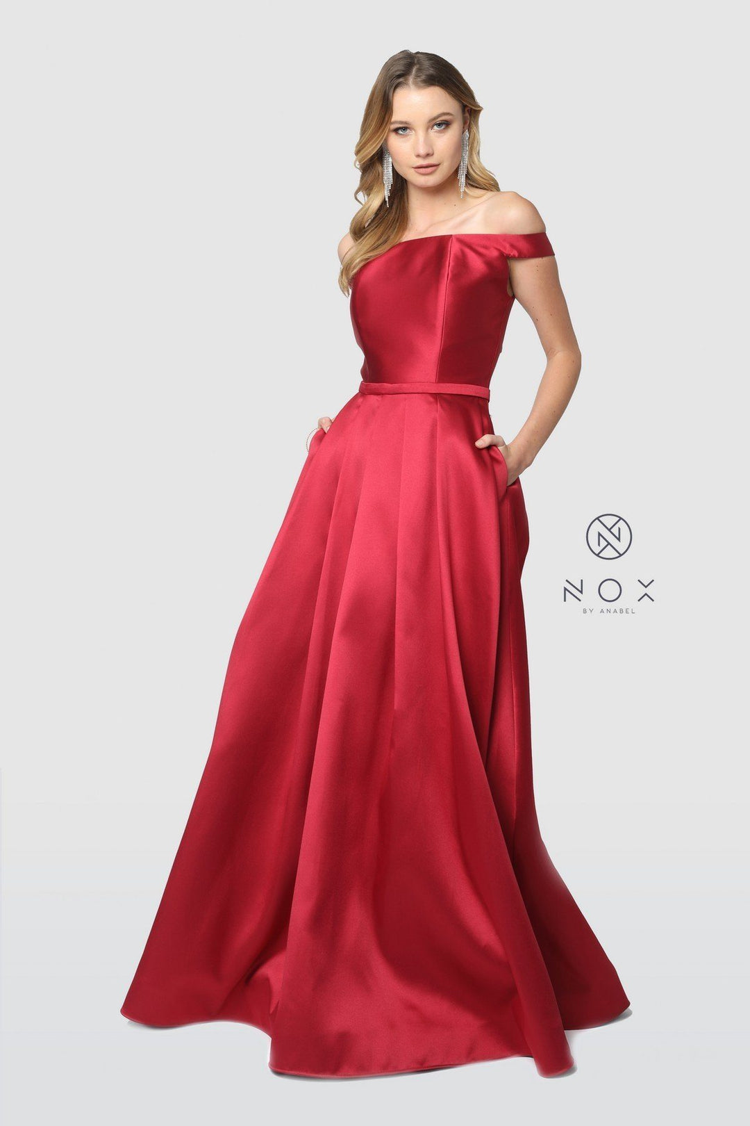 Long Off the Shoulder Satin Dress with Pockets by Nox Anabel C007