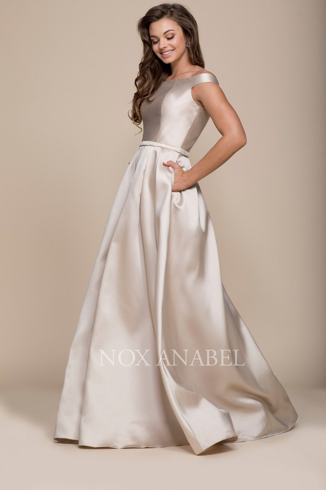 Long Off the Shoulder Satin Dress with Pockets by Nox Anabel C007-Long Formal Dresses-ABC Fashion