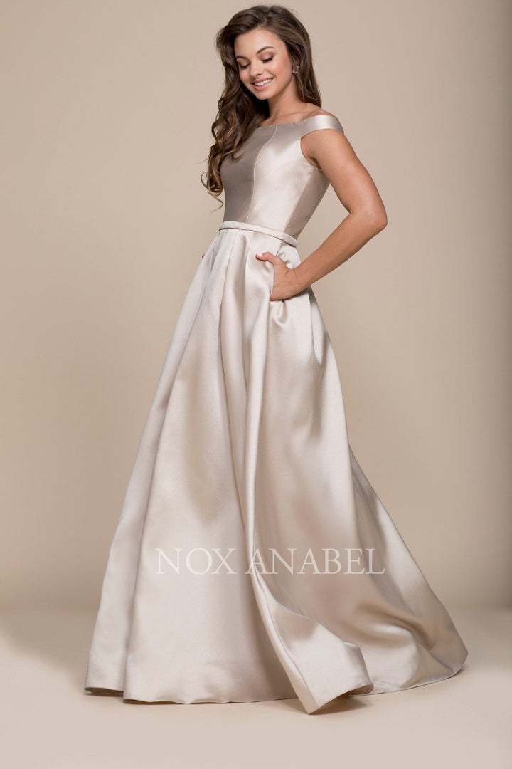 Long Off the Shoulder Satin Dress with Pockets by Nox Anabel C007-Long Formal Dresses-ABC Fashion