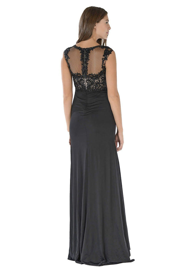 Long Off White Dress with Illusion Lace Applique by Poly USA-Long Formal Dresses-ABC Fashion
