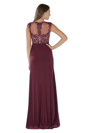 Long Off White Dress with Illusion Lace Applique by Poly USA-Long Formal Dresses-ABC Fashion