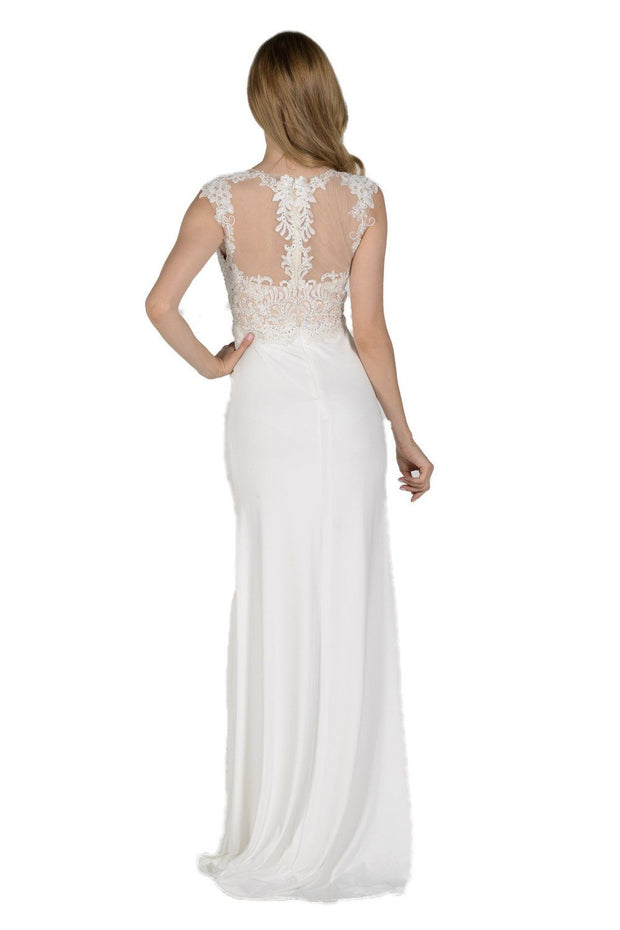 Long Off White Dress with Illusion Lace Applique by Poly USA-Long Formal Dresses-ABC Fashion