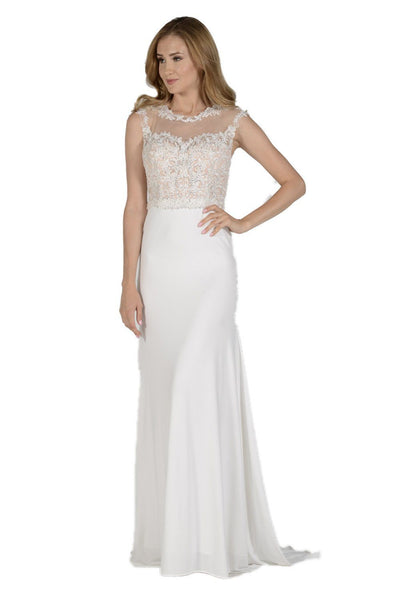 Long Off White Dress with Illusion Lace Applique by Poly USA-Long Formal Dresses-ABC Fashion