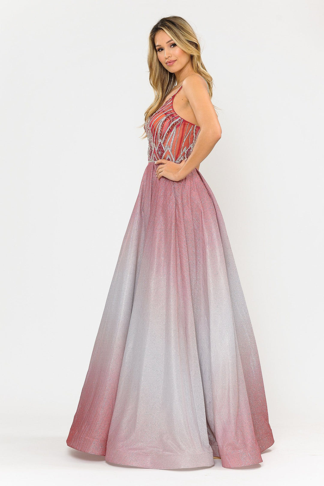 Long Ombre Glitter Dress with Sheer Bodice by Poly USA 8350