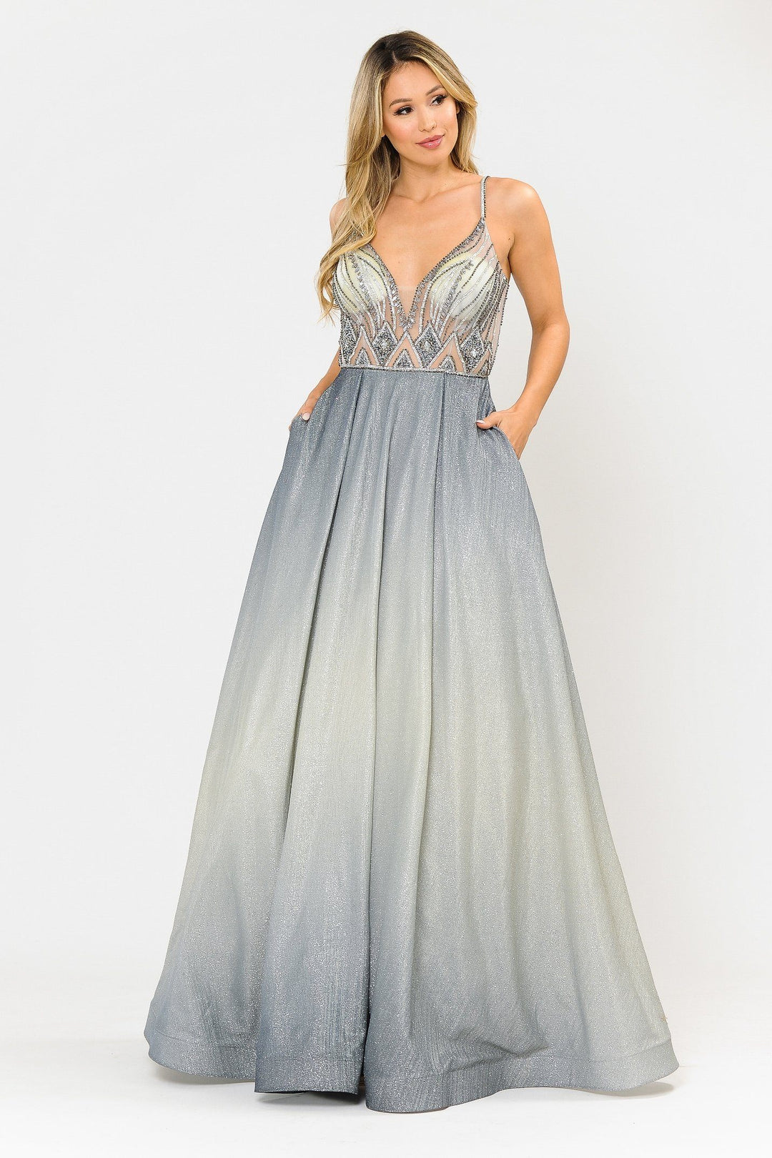 Long Ombre Glitter Dress with Sheer Bodice by Poly USA 8350