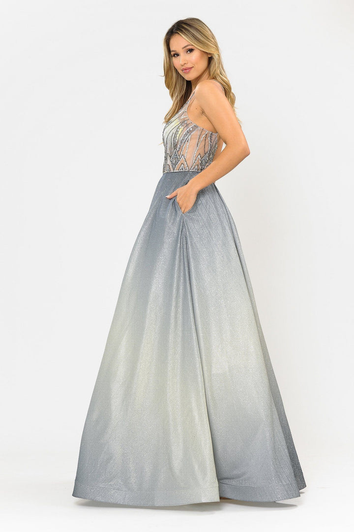 Long Ombre Glitter Dress with Sheer Bodice by Poly USA 8350