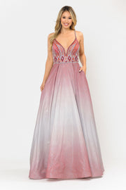 Long Ombre Glitter Dress with Sheer Bodice by Poly USA 8350