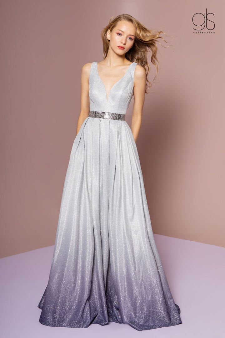Long Ombre Glitter Dress with Sheer V-Neckline by Elizabeth K GL2678-Long Formal Dresses-ABC Fashion