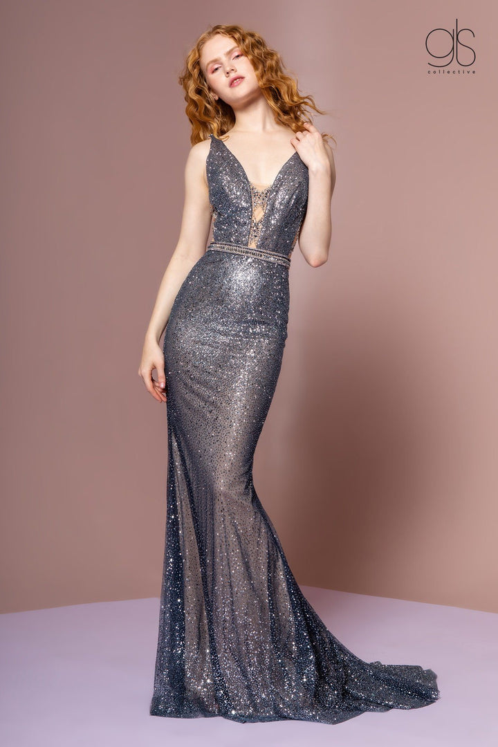 Long Ombre Glitter Dress with Sheer V-Neckline by Elizabeth K GL2678-Long Formal Dresses-ABC Fashion