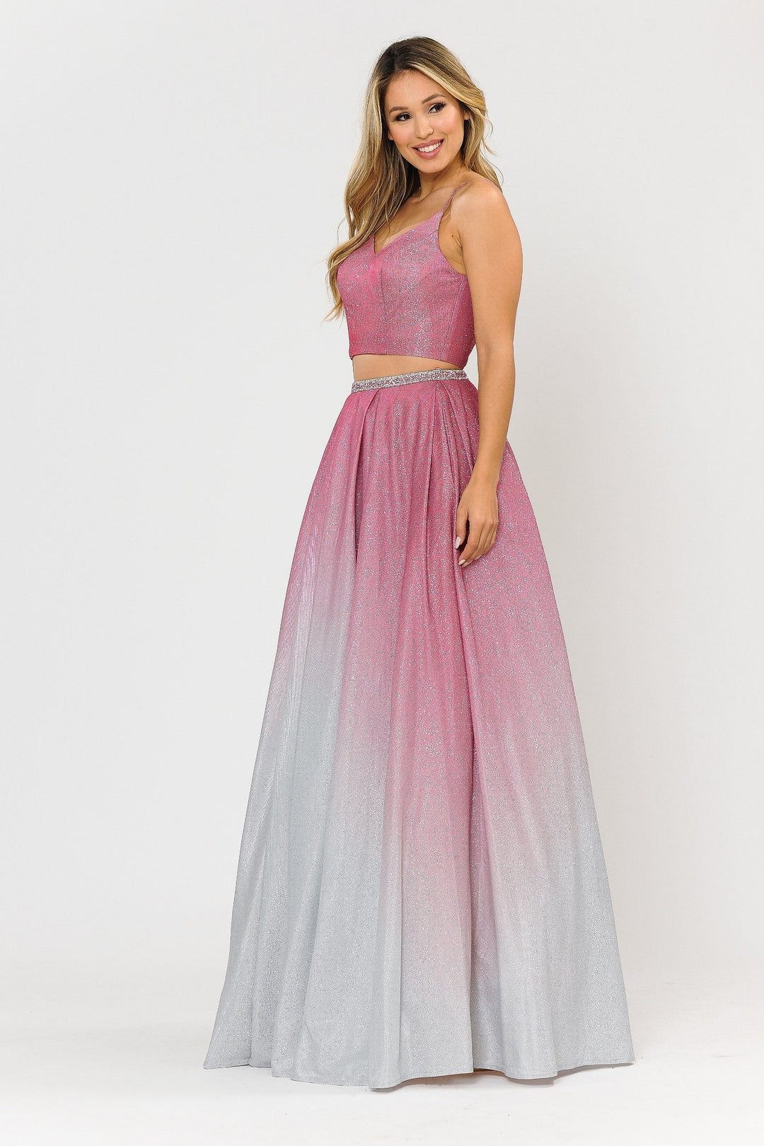 Long Ombre Glitter Two Piece Dress by Poly USA 8706