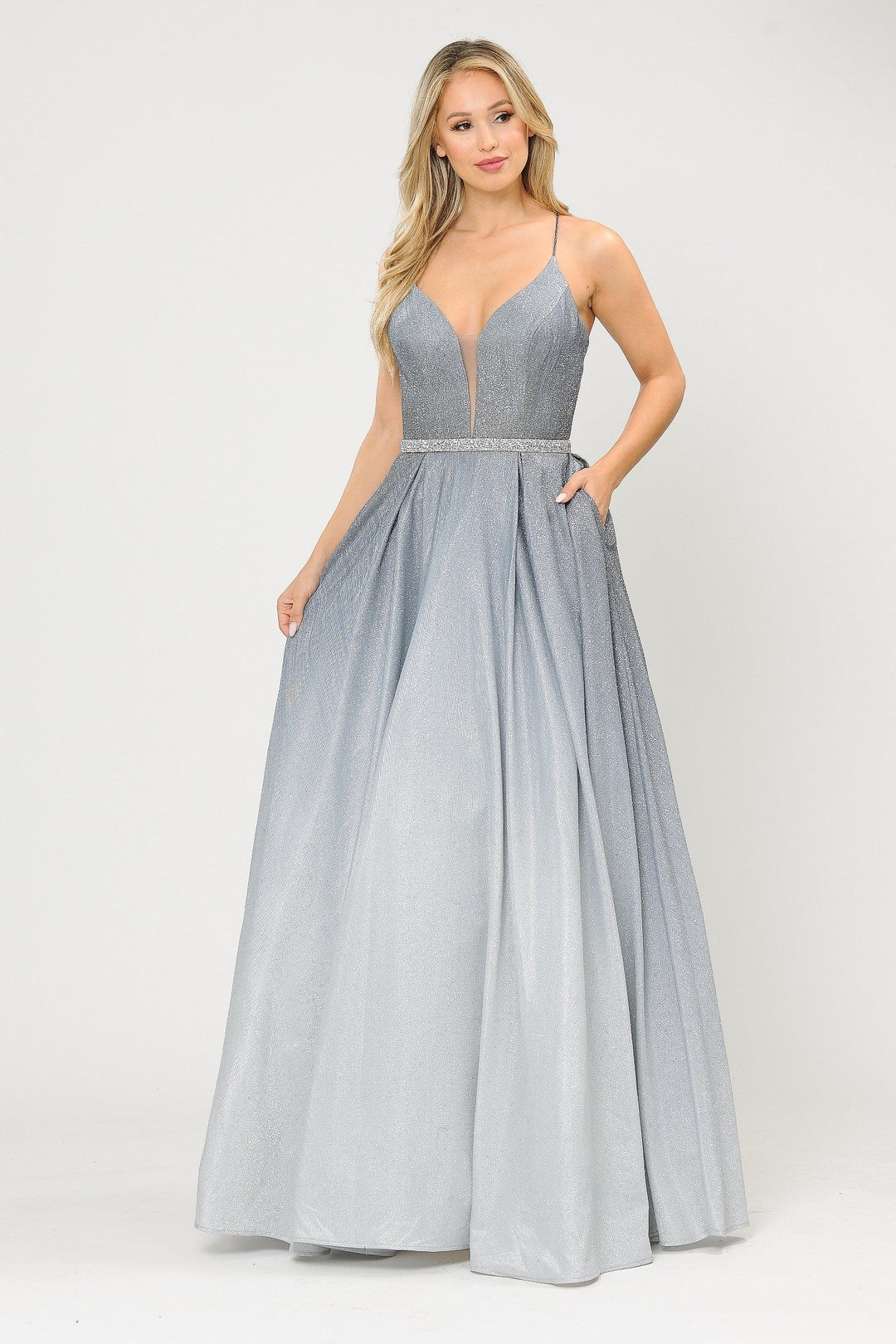 Long Ombre Glitter V-Neck Dress with Corset Back by Poly USA 8712