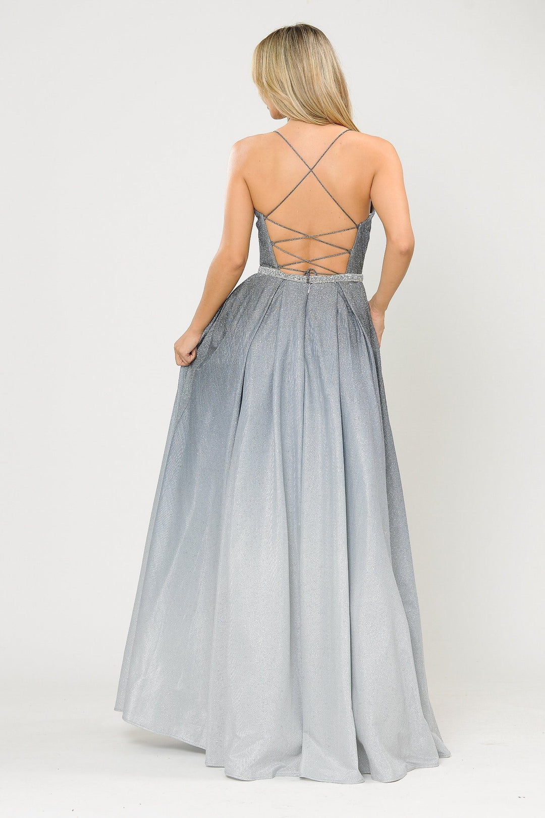 Long Ombre Glitter V-Neck Dress with Corset Back by Poly USA 8712