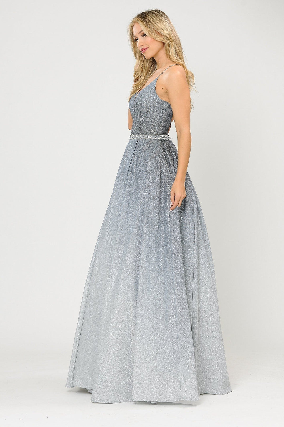 Long Ombre Glitter V-Neck Dress with Corset Back by Poly USA 8712