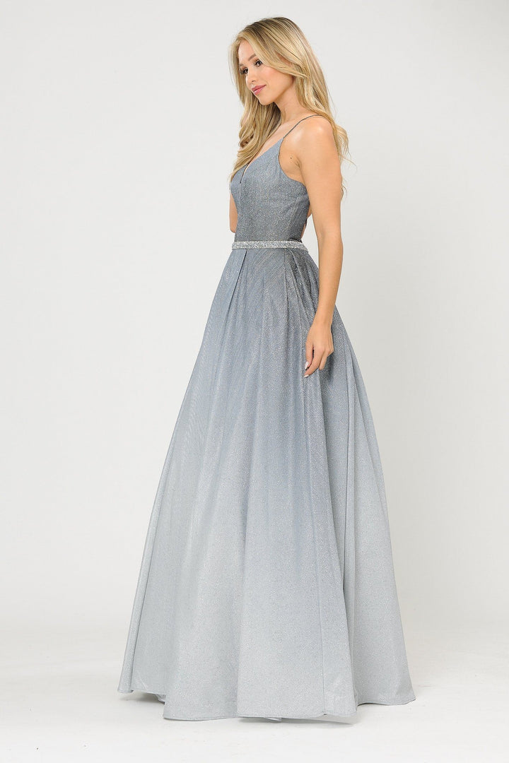 Long Ombre Glitter V-Neck Dress with Corset Back by Poly USA 8712