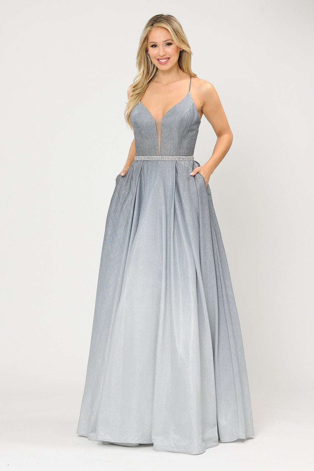 Long Ombre Glitter V-Neck Dress with Corset Back by Poly USA 8712