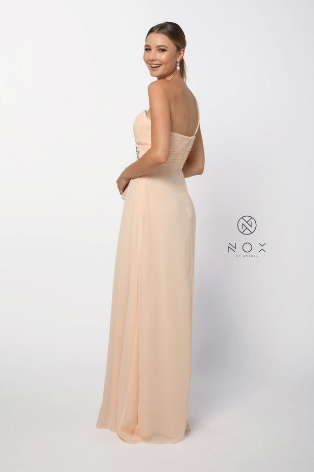 Long One Shoulder Dress with Ruched Bodice by Nox Anabel 7125-Long Formal Dresses-ABC Fashion