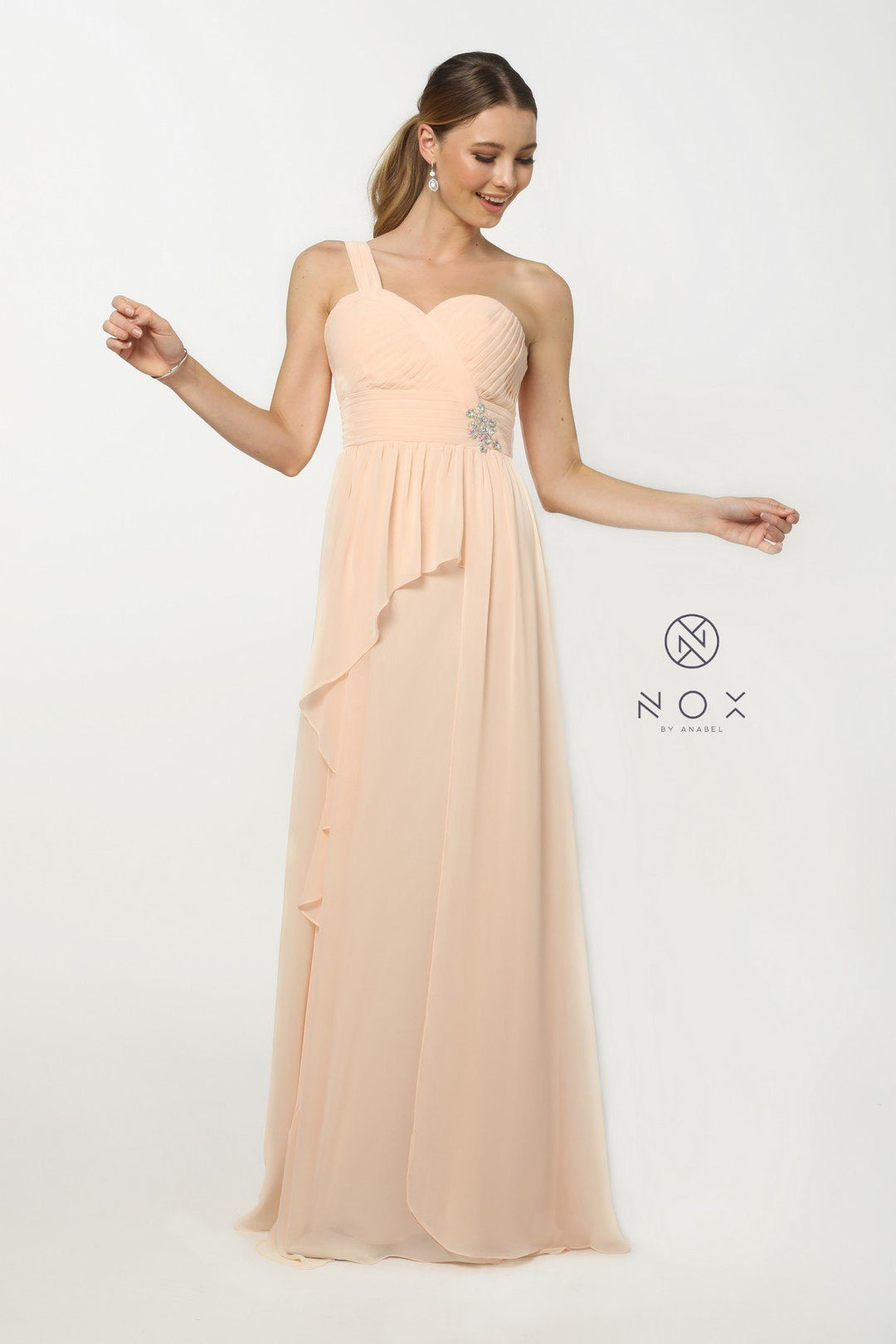 Long One Shoulder Dress with Ruched Bodice by Nox Anabel 7125-Long Formal Dresses-ABC Fashion
