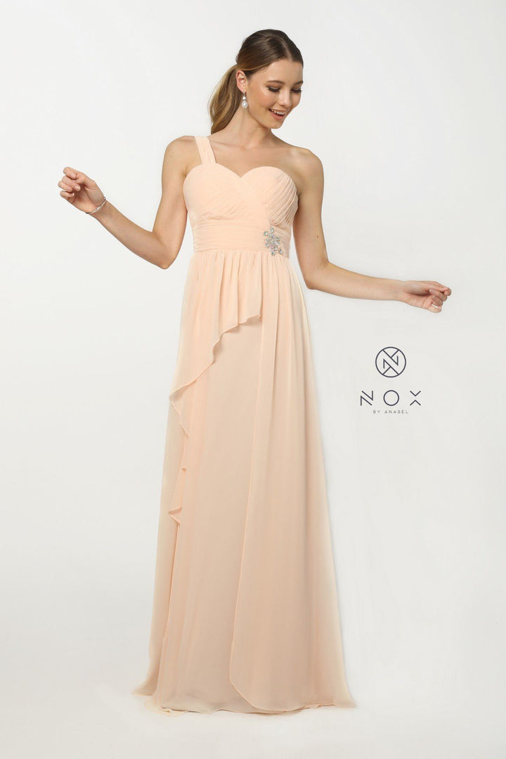Long One Shoulder Dress with Ruched Bodice by Nox Anabel 7125-Long Formal Dresses-ABC Fashion