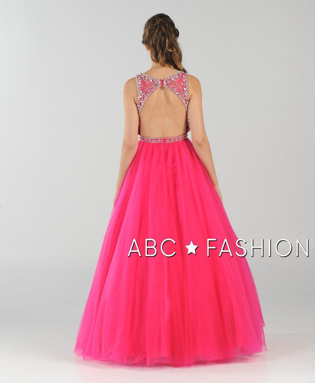 Long Open Back Ball Gown with Beaded Illusion Bodice by Poly USA 7940-Long Formal Dresses-ABC Fashion