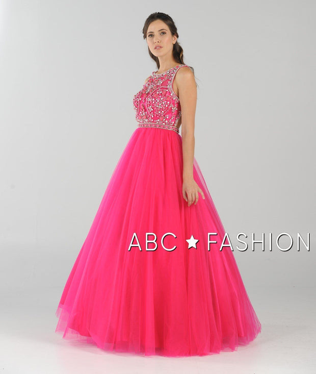 Long Open Back Ball Gown with Beaded Illusion Bodice by Poly USA 7940-Long Formal Dresses-ABC Fashion