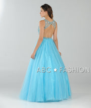 Long Open Back Ball Gown with Beaded Illusion Bodice by Poly USA 7940-Long Formal Dresses-ABC Fashion