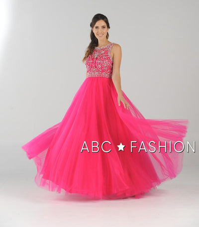 Long Open Back Ball Gown with Beaded Illusion Bodice by Poly USA 7940-Long Formal Dresses-ABC Fashion