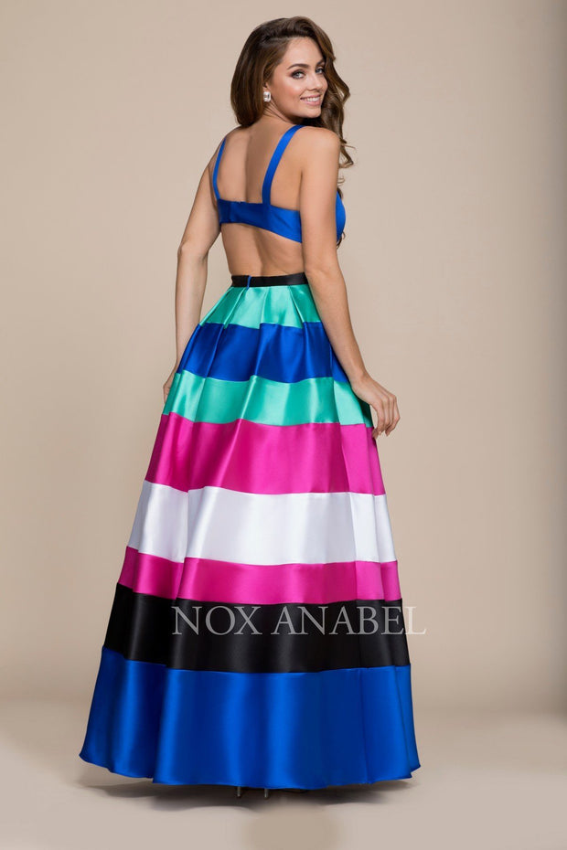 Long Open Back Blue Dress with Striped Skirt by Nox Anabel 8350-Long Formal Dresses-ABC Fashion