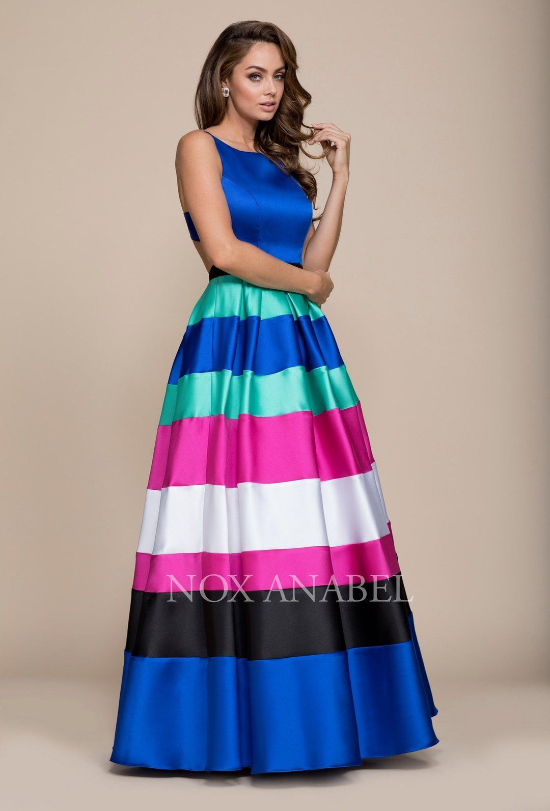 Long Open Back Blue Dress with Striped Skirt by Nox Anabel 8350-Long Formal Dresses-ABC Fashion
