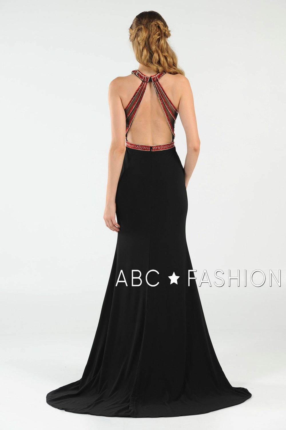 Long Open Back Dress with Beaded Bodice by Poly USA 7544-Long Formal Dresses-ABC Fashion
