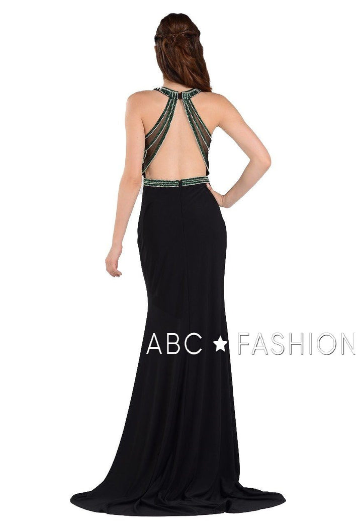 Long Open Back Dress with Beaded Bodice by Poly USA 7544-Long Formal Dresses-ABC Fashion