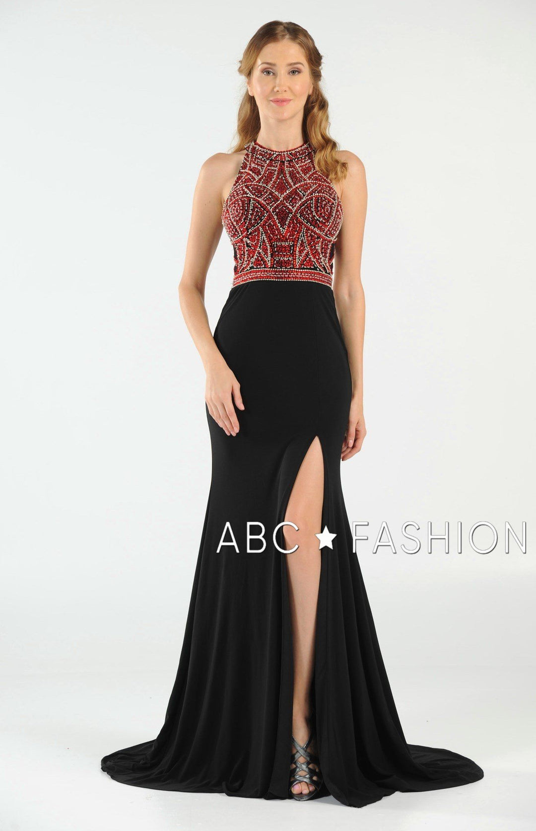 Long Open Back Dress with Beaded Bodice by Poly USA 7544-Long Formal Dresses-ABC Fashion