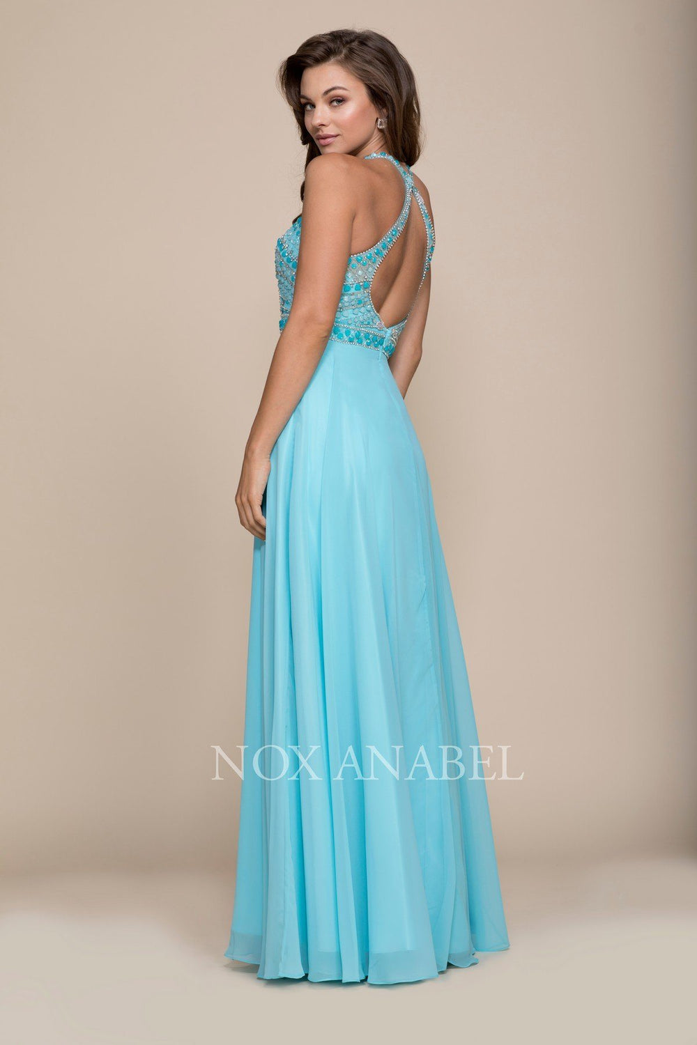 Long Open Back Dress with Beaded Top by Nox Anabel 8286-Long Formal Dresses-ABC Fashion