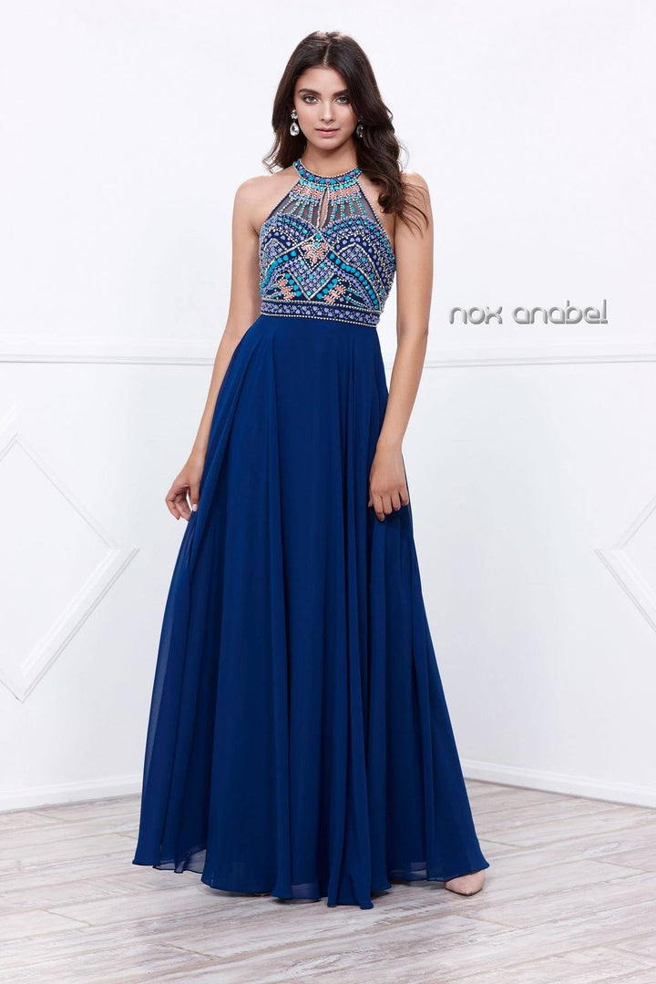 Long Open Back Dress with Beaded Top by Nox Anabel 8286-Long Formal Dresses-ABC Fashion