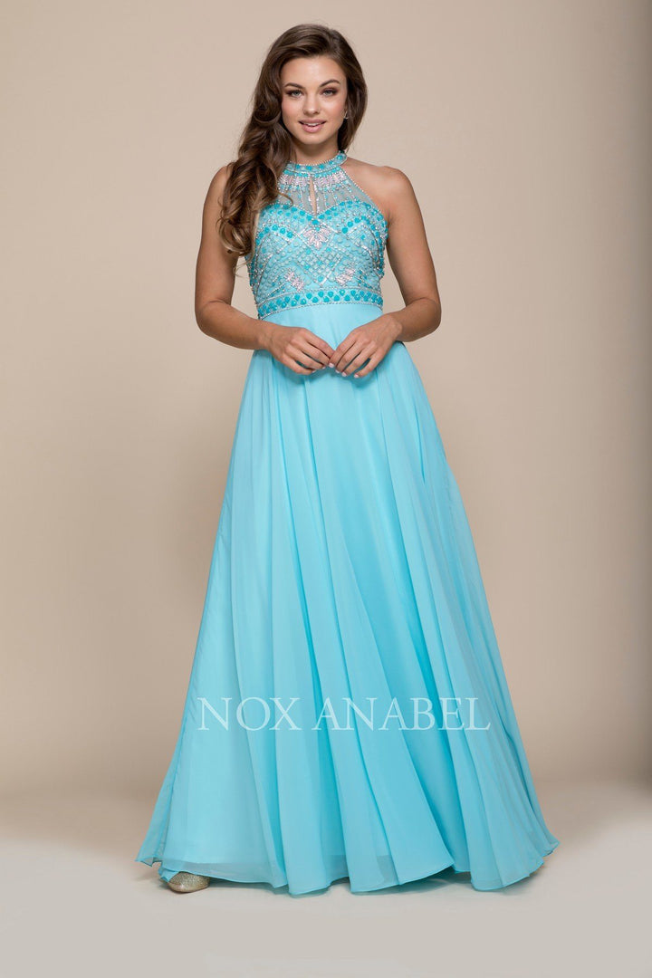 Long Open Back Dress with Beaded Top by Nox Anabel 8286-Long Formal Dresses-ABC Fashion