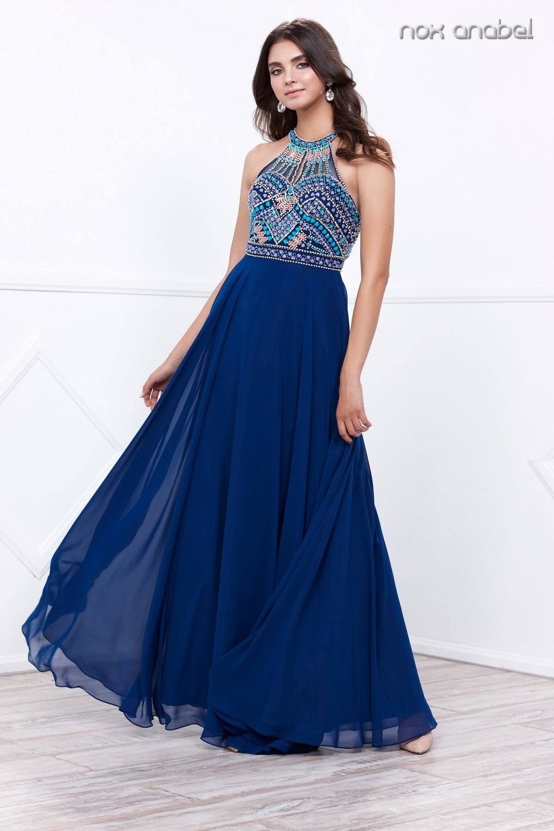 Long Open Back Dress with Beaded Top by Nox Anabel 8286-Long Formal Dresses-ABC Fashion