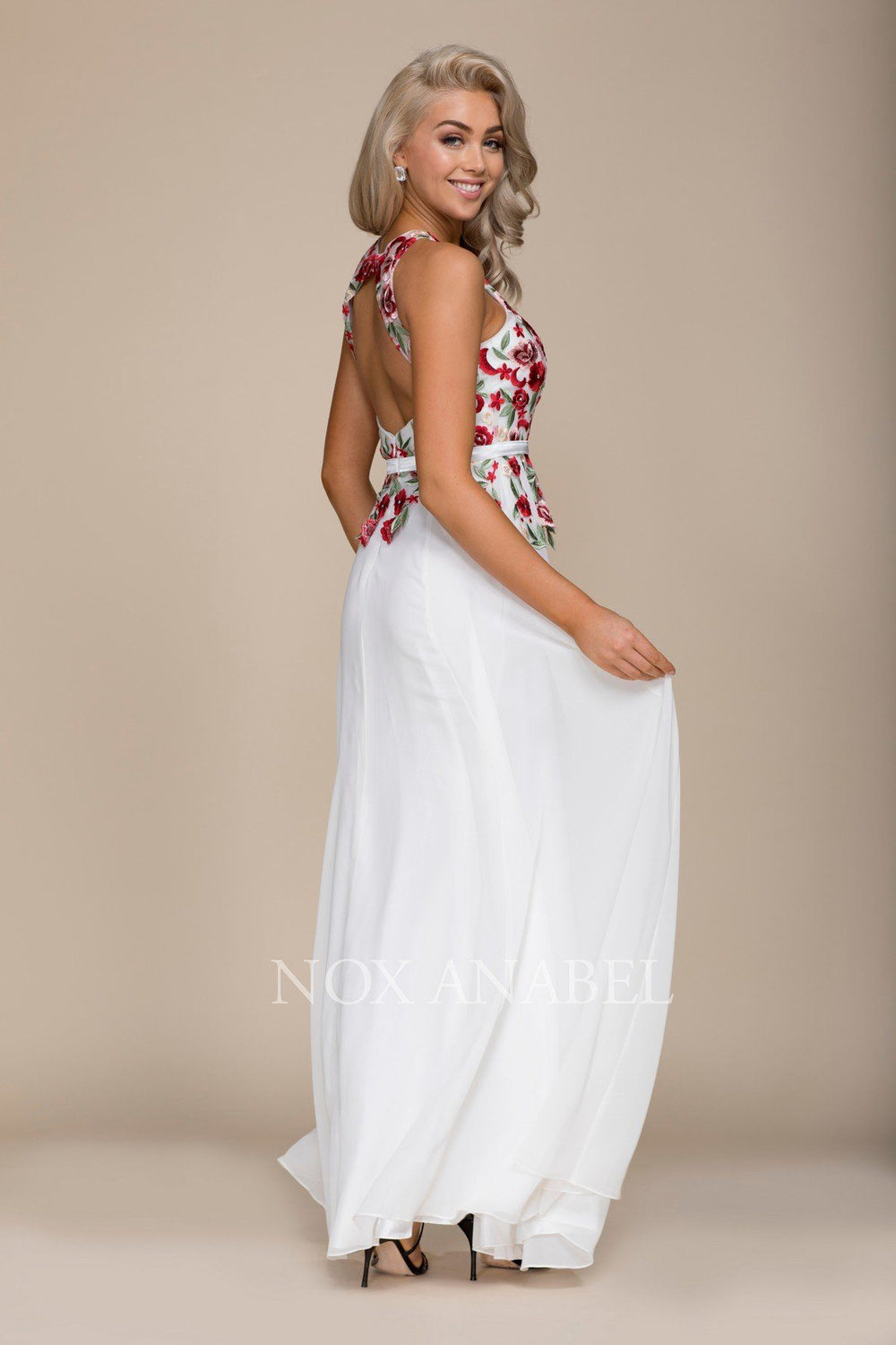 Long Open Back Dress with Embroidered Bodice by Nox Anabel 8275-Long Formal Dresses-ABC Fashion