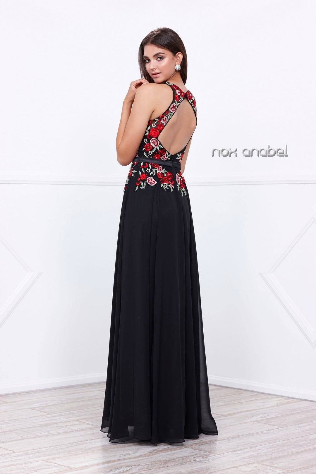 Long Open Back Dress with Embroidered Bodice by Nox Anabel 8275-Long Formal Dresses-ABC Fashion