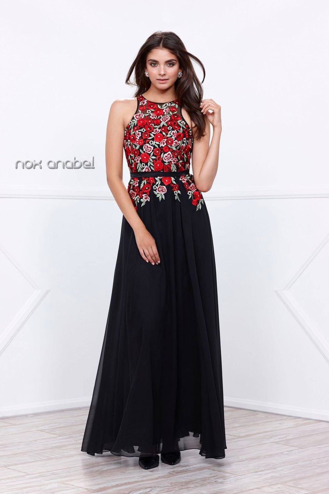 Long Open Back Dress with Embroidered Bodice by Nox Anabel 8275-Long Formal Dresses-ABC Fashion