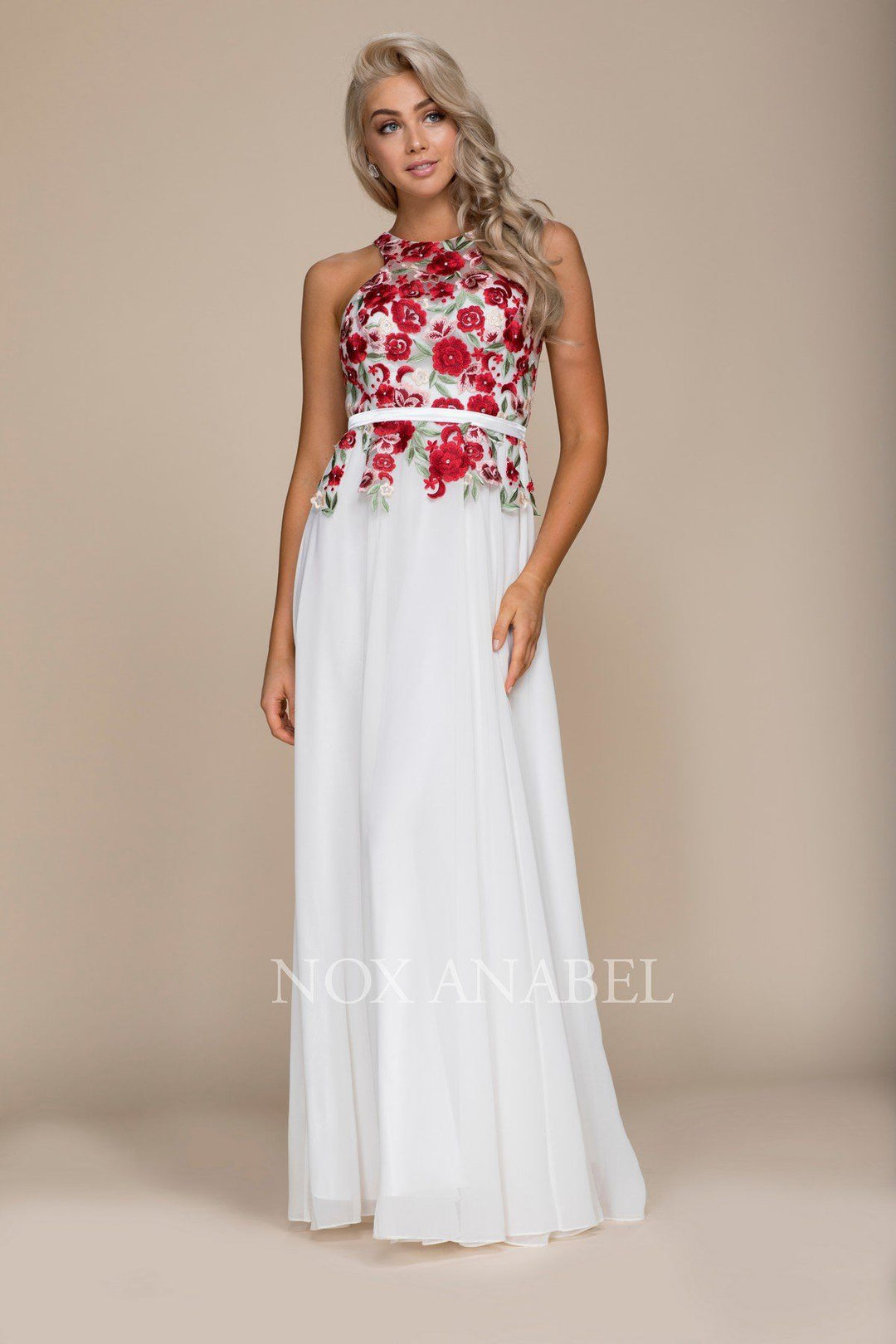 Long Open Back Dress with Embroidered Bodice by Nox Anabel 8275-Long Formal Dresses-ABC Fashion
