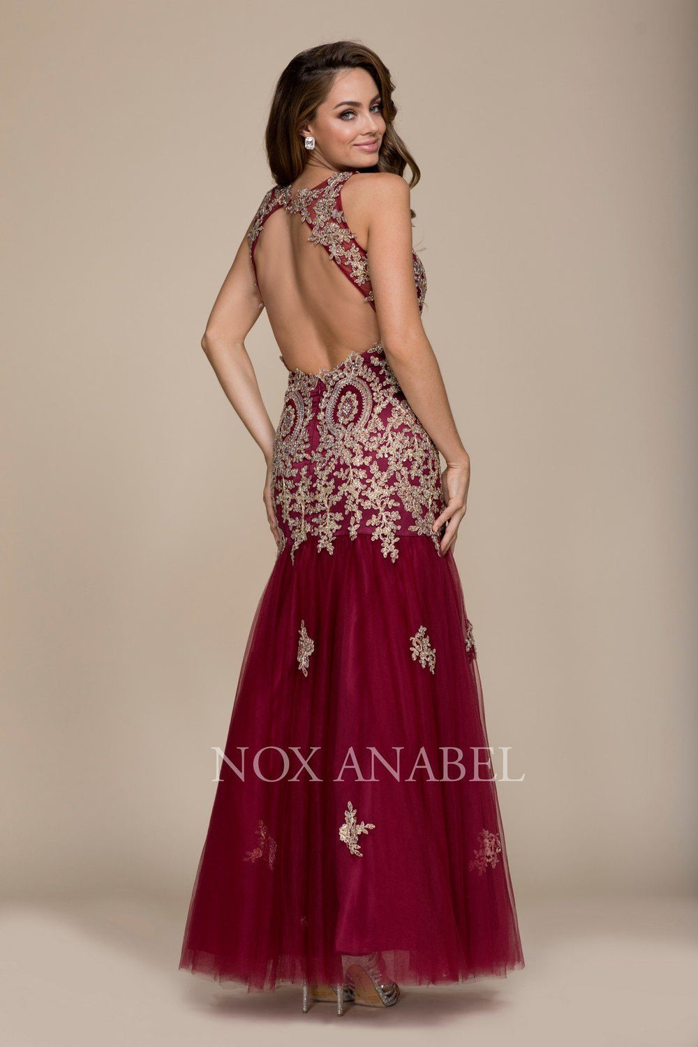 Long Open Back Dress with Gold Applique by Nox Anabel 8308-Long Formal Dresses-ABC Fashion