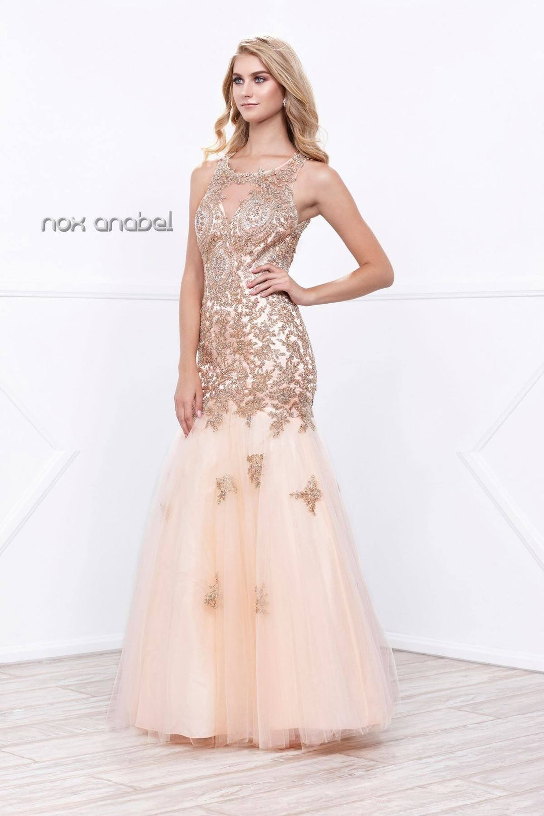 Long Open Back Dress with Gold Applique by Nox Anabel 8308-Long Formal Dresses-ABC Fashion