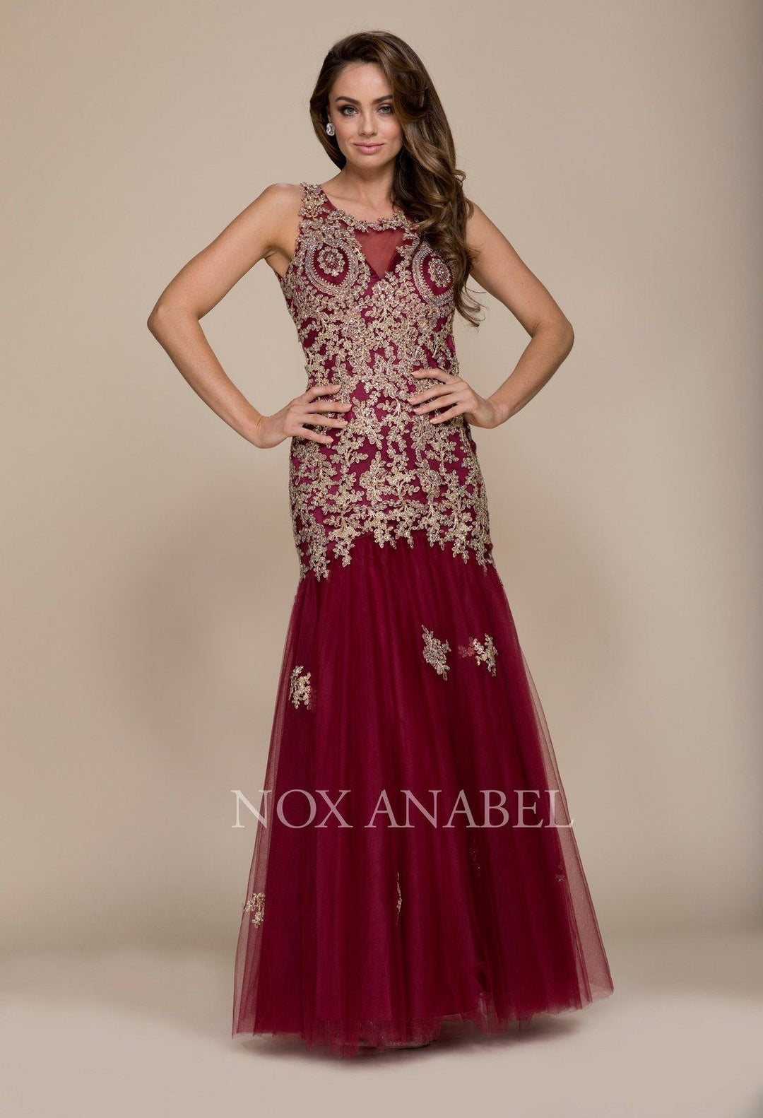 Long Open Back Dress with Gold Applique by Nox Anabel 8308-Long Formal Dresses-ABC Fashion