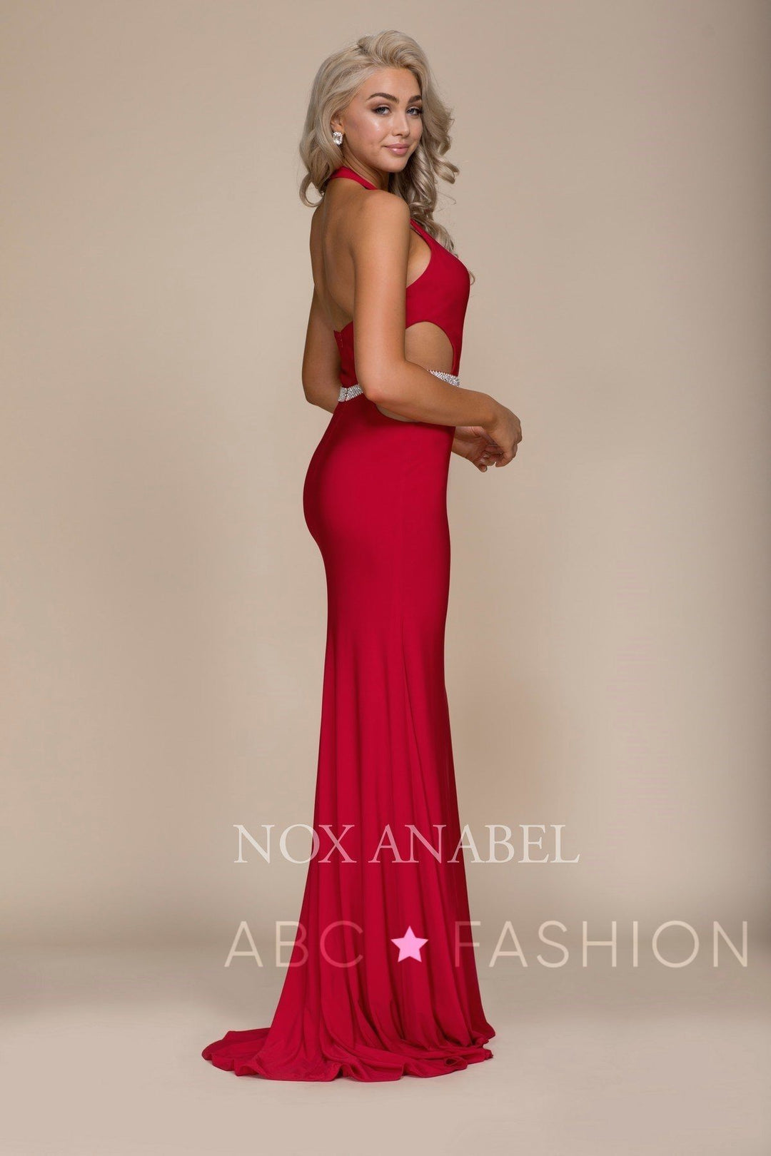 Long Open Back Halter Dress with Beaded Waistline by Nox Anabel A046-Long Formal Dresses-ABC Fashion